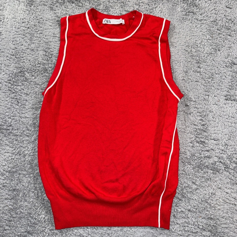 Zara Knit Top Medium Red Sleeveless Contrast Piping Crew Neck Womens